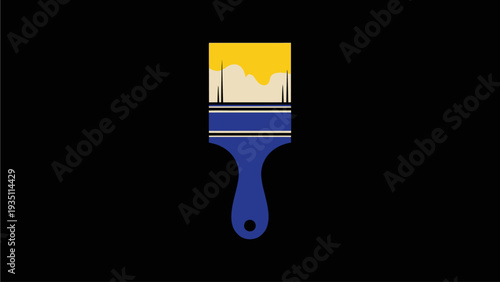 Vector illustration of a blue paintbrush loaded with vibrant yellow paint, a classic art and craft tool for creative projects on black background.
