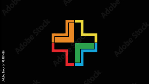 Colorful geometric plus sign icon with four abstract L-shaped segments on a black background, representing connection, addition, and growth.