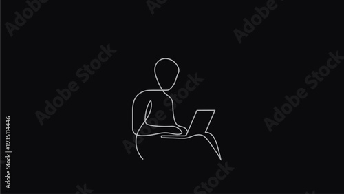 Elegant continuous line art drawing of a person typing on a laptop. Concept of remote work, digital learning, and online communication.