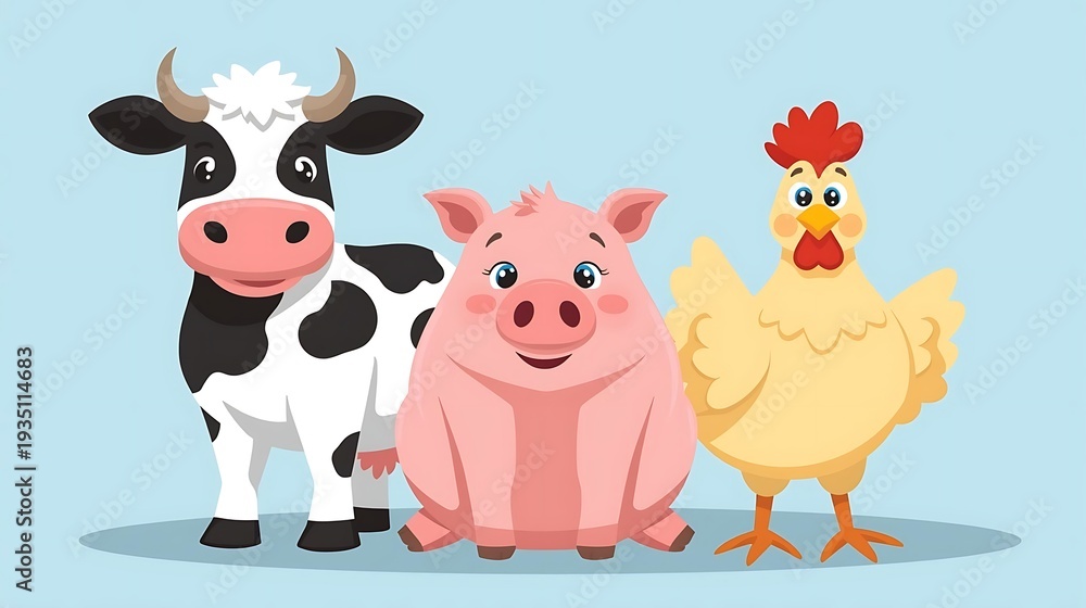 Naklejka premium Cute cartoon farm animals cow pig and chicken on blue background