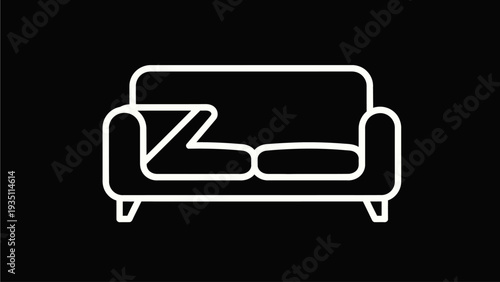 Modern minimalist line art sofa icon with throw blanket on a black background. Simple flat design couch graphic for home decor.