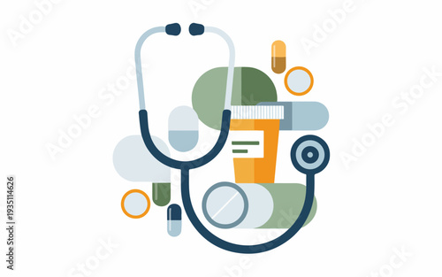 Medical stethoscope and pills on colorful background healthcare concept with doctor's tool and medication symbols