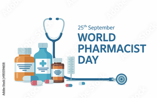 World pharmacist day medical supplies and stethoscope on white background