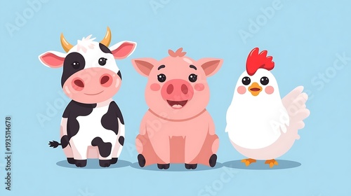 Set of cute cartoon farm animals cow pig and chicken