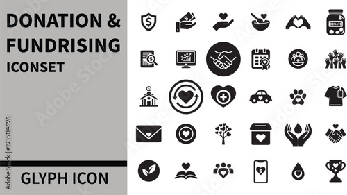 Donation & Fundraising Glyph Icon Set.  A Collection of Icons for Charitable Giving, Crowdfunding, and Nonprofit Causes