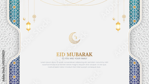 Elegant Eid Mubarak greeting card with golden lanterns crescent islamic geometric background design template