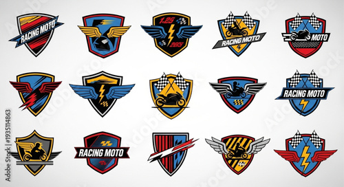 Collection of motorcycle racing club emblems and badges with wings and lightning bolts.