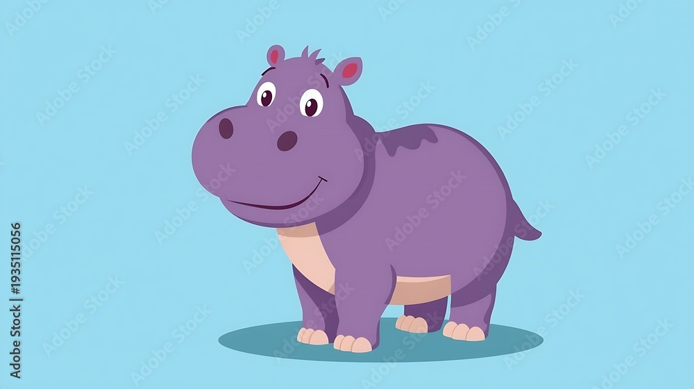 Fototapeta premium Playful purple hippo cartoon character standing on bright blue background
