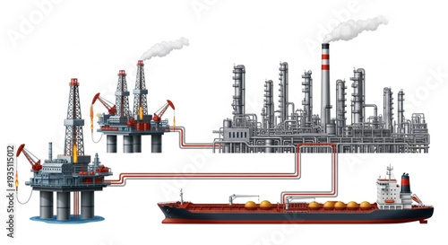 Oil Refinery and Tanker Illustration.