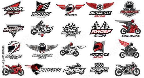 Collection of motorcycle racing logos and emblems with various designs and styles.