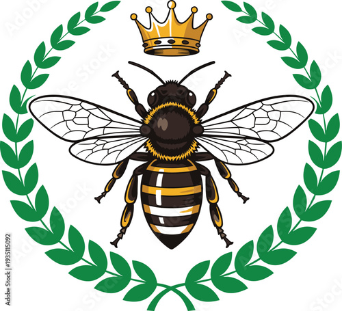 Queen Bee with Crown and Laurel Wreath Emblem Vector Illustration