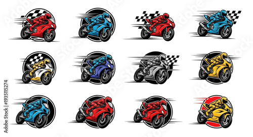Motorcycle racing art with speed effect and checkered flag, dynamic illustration.
