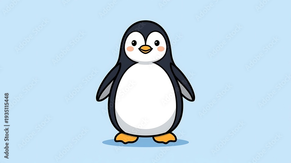Fototapeta premium Cheerful cartoon penguin standing with a smile on blue background
