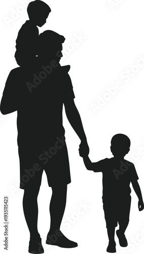 Father carrying one child on shoulders holding hand of another child silhouette family