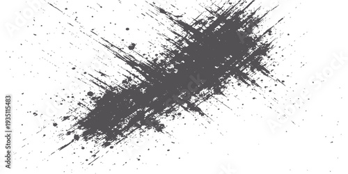 A grunge black ink splat background featuring a dirty paint splash texture with spray drips and a graffiti silhouette design for an artistic vector frame illustration