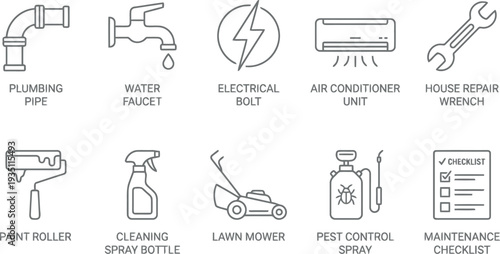 Home maintenance and repair service icons set including plumbing electrical and garden care