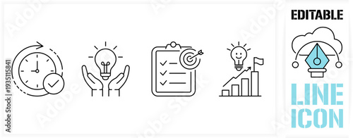 Editable line icon set in a black simple and clean vector outline stroke for time management, creative idea protection, project checklist, business goal achievement and financial growth strategy