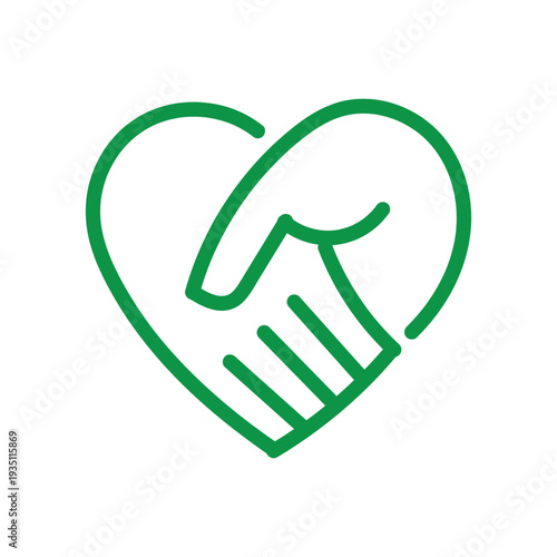 Handshake agreement friendly partnership deal, corporate trust contract thin outline icon. Minimalist line symbol heart shape made from two shaking hands. Vector isolated pictogram for web and app.