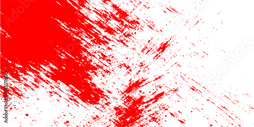 A red abstract grunge background featuring a watercolor paint splash and ink splatter design with a dirty textured stain pattern for a vector art banner