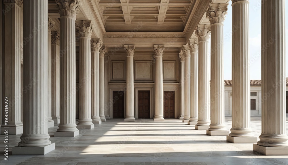 Naklejka premium grand columns inside a spacious hall. The columns create a striking pattern of light and shadow within the architectural space of the hall.