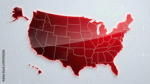 Sleek Red Glossy USA Map with Curved Reflection and Shadows