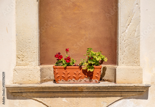 Terracotta flower pot with red geraniums on a window ledge, pale stone and plaster frame, Mediterranean style.