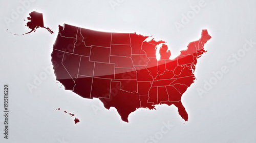 Glossy Red USA Map with Reflective Glass Texture and Highlights