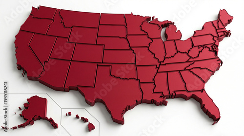 Minimalist 3D Red United States Map Isolated on White Background