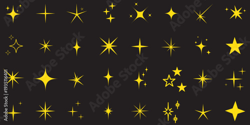 Minimalist twinkle star shape symbols. Shining star icons, abstract sparkle black silhouettes. Modern geometric elements, shining star icon set. Set of twinkling star vector.