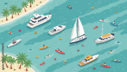 Vibrant beach scene with boats and watercraft in turquoise waters