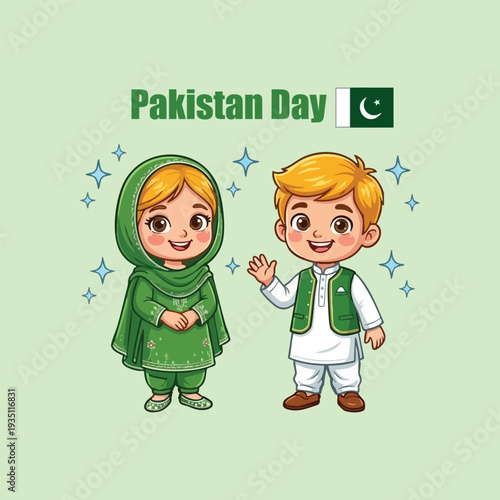   
Pakistan Day children in traditional dress cartoon illustration