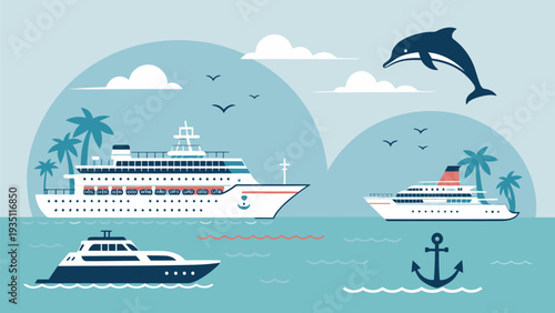 Ships sailing in tropical waters with dolphin and palm trees