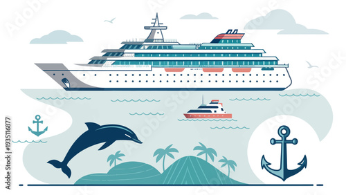 Luxury cruise ship sailing tropical island with dolphin and palm trees