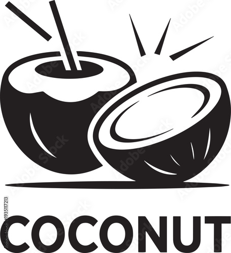 Hand drawn split coconut with straw for refreshing tropical drink illustration