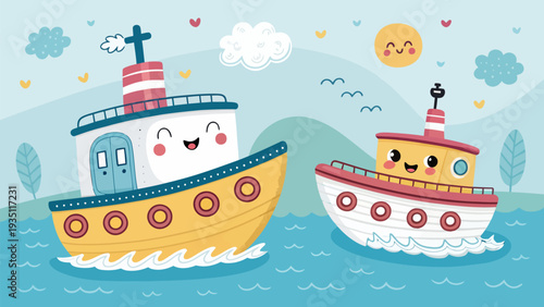 Happy cartoon boats sailing on calm waters with smiling faces
