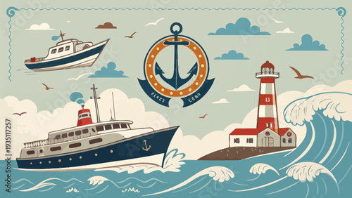 Vibrant nautical scene with boats and lighthouse by the sea