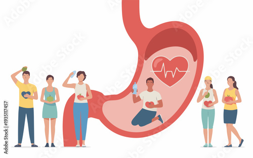People experiencing digestive health issues with a giant stomach and heartbeat line
