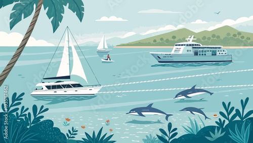 Serene tropical ocean scene with sailboats and dolphins swimming