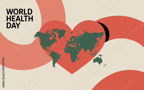 World health day global campaign with heart shaped world map on orange background