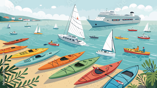 Vibrant beach scene with colorful kayaks and sailboats on calm waters