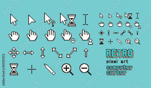 レトロPC風ピクセルアートカーソルアイコンセット（背景ありベクター）｜矢印・手のひら・拡大縮小・移動・テキスト・砂時計などの8bitマウスポインター素材｜EPS対応