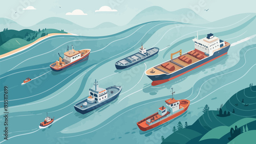 Cargo ships navigating through calm waters with scenic coastline