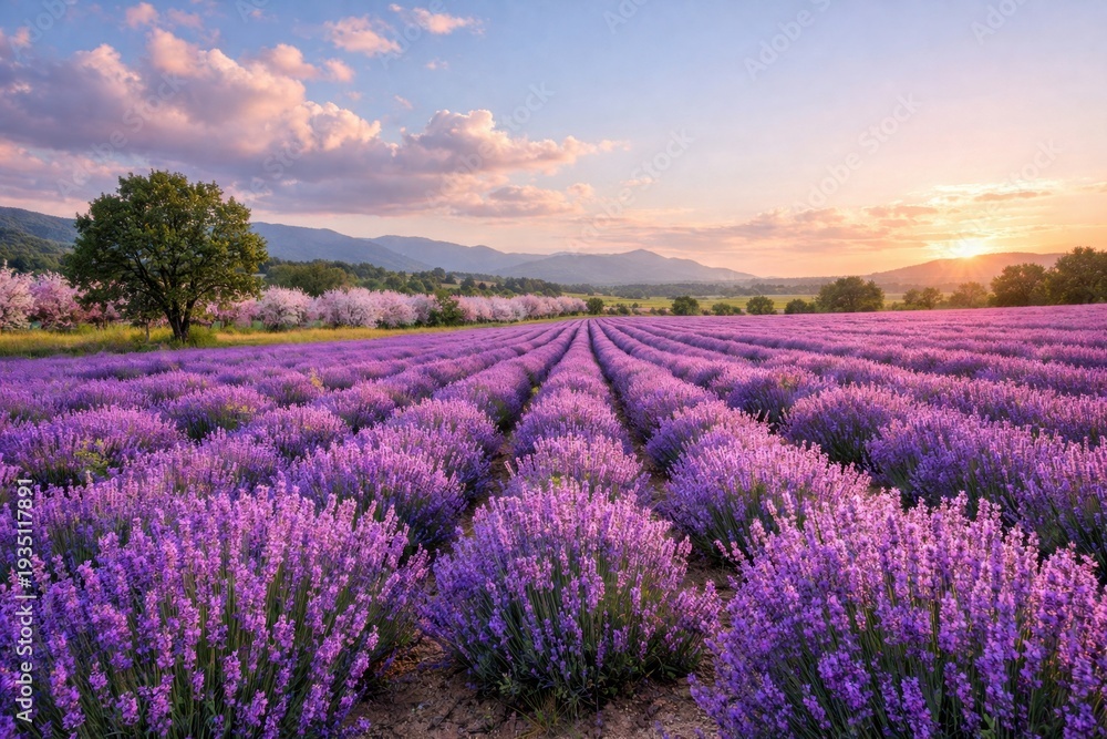 Obraz premium Lavender field in full bloom at sunset with mountains trees and pink sky creating peaceful scenic summer landscape