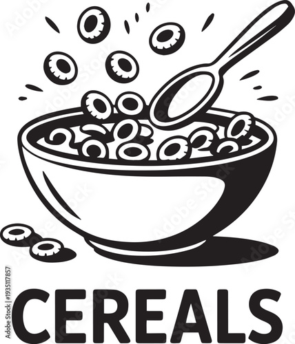 Hand holding scissors cutting cartoon bowl of breakfast cereal with flying pieces