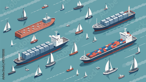 Cargo ships and sailboats navigating through busy shipping lanes
