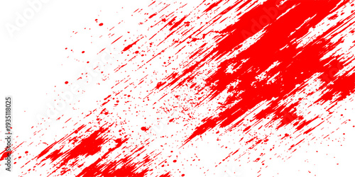 A red grunge abstract background features a vibrant paint splash and ink splatter texture with artistic blood stains and spray patterns in a vector illustration design