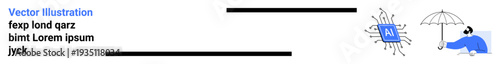 Technology security, AI efficiency, data safety, network protection, innovation, reliability. AI microchip surrounded by lines and person protected under an umbrella. Technology security and AI