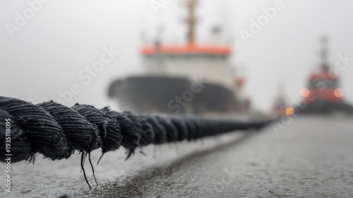 A taut black towline connects a tugboat to a distant ship in morning mist. mobility guides, transit brochures, designed for mobility and urban transit guides, used by bi analysts.