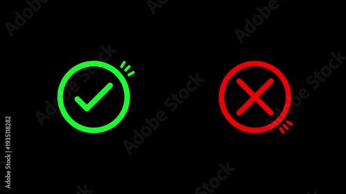 Pop up green check mark and red cross icon symbol on black background. Check box with right and wrong buttons and yes or no