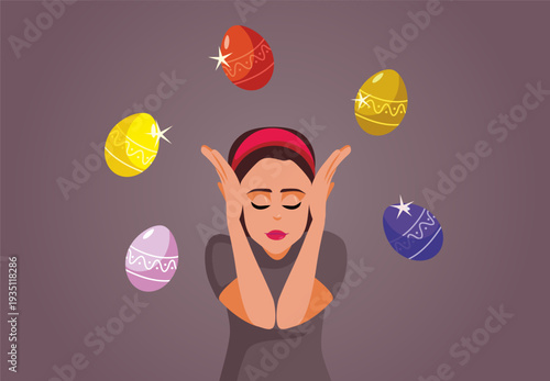 Stressed Housewife Thinking of Easter Vector Illustration. Anxious housewife pondering about spring holiday festivities 
